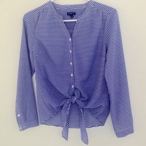 TALBOT'S Small navy blue and white striped tied waisted blouse Like new